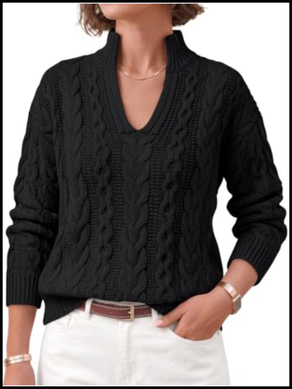 Women Split Mock Neck Cable Knit Pullover Sweater Cozy Chunky Long Sleeve